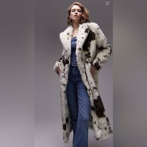 Topshop faux fur fake fur cow print long coat size 6